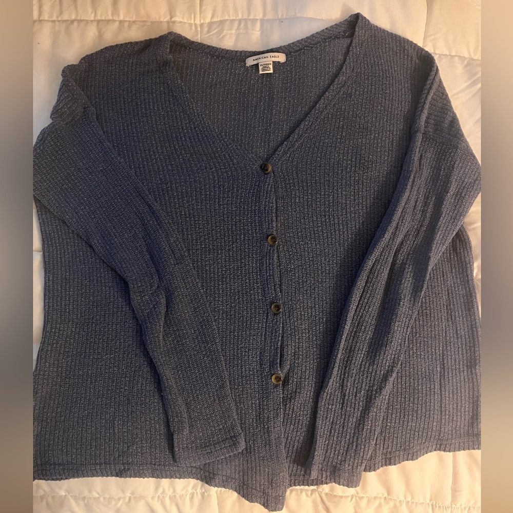 XS American Eagle Knit, front tie, button up, blue gray.